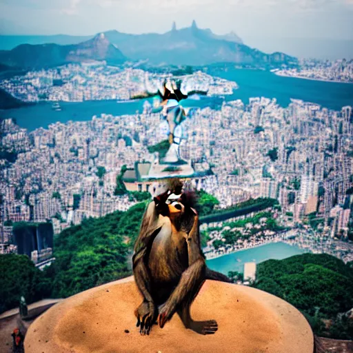 Image similar to high quality portrait of a monkey in front of Christ The Redeemer, studio photograph, photograph, realistic photo, 8k photo, 4k photo, stock photo, high resolution, cinematic shot, high detail