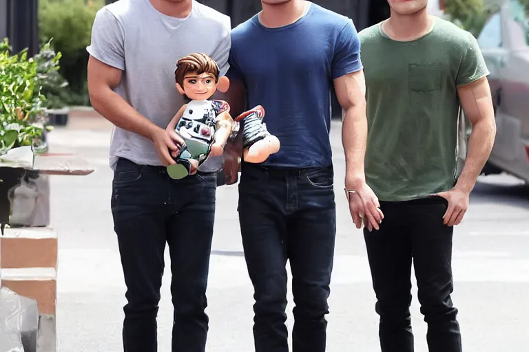 Prompt: studio lit zac efron holding a tom holland doll in one hand and a robert pattison doll in his other hand, zac efron looking at the camera very confused