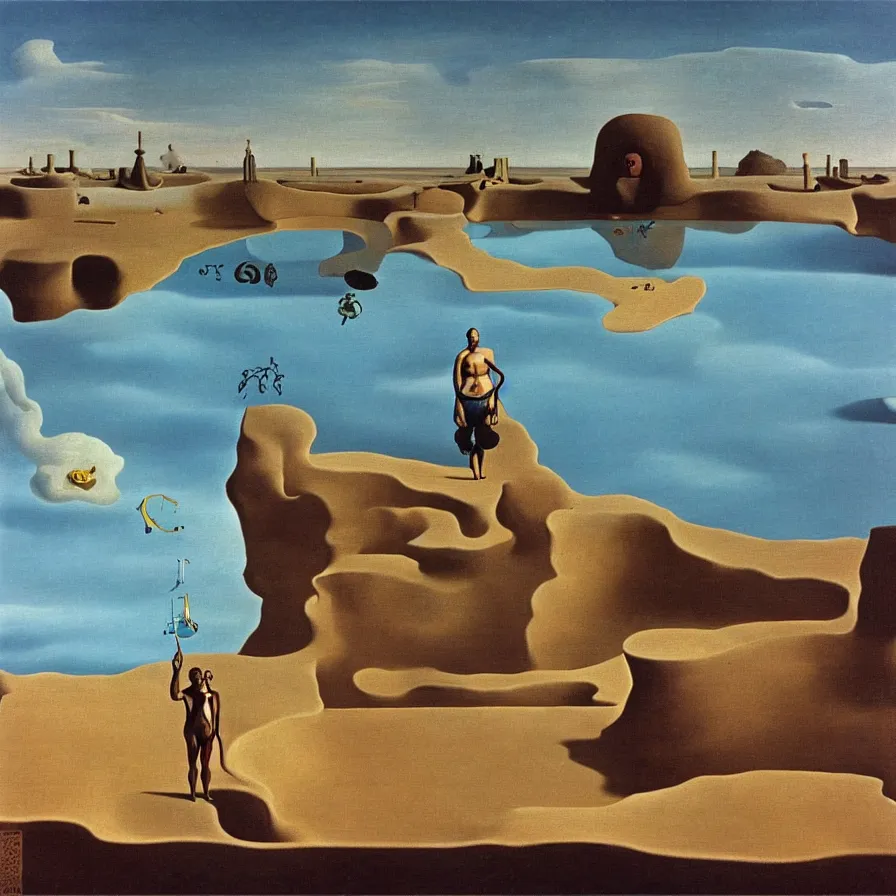 Prompt: a solitary scuba divers is standing in a small wading pool. the pool is surrounded by desert sand ; factory in the background. the sky is cloudless. surrealist detailed oil painting, salvador dali