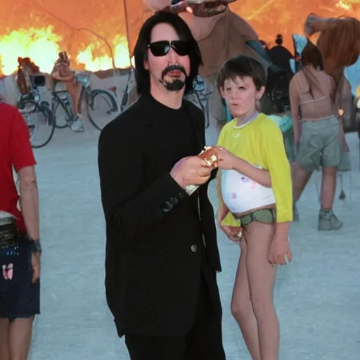 Prompt: keanu reeves dressed as a baby smoking a hot dog at burning man