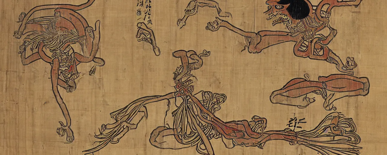 Image similar to an ancient papyrus depicting an infography of a japanese folklore demon, okami, ukiyo - e style