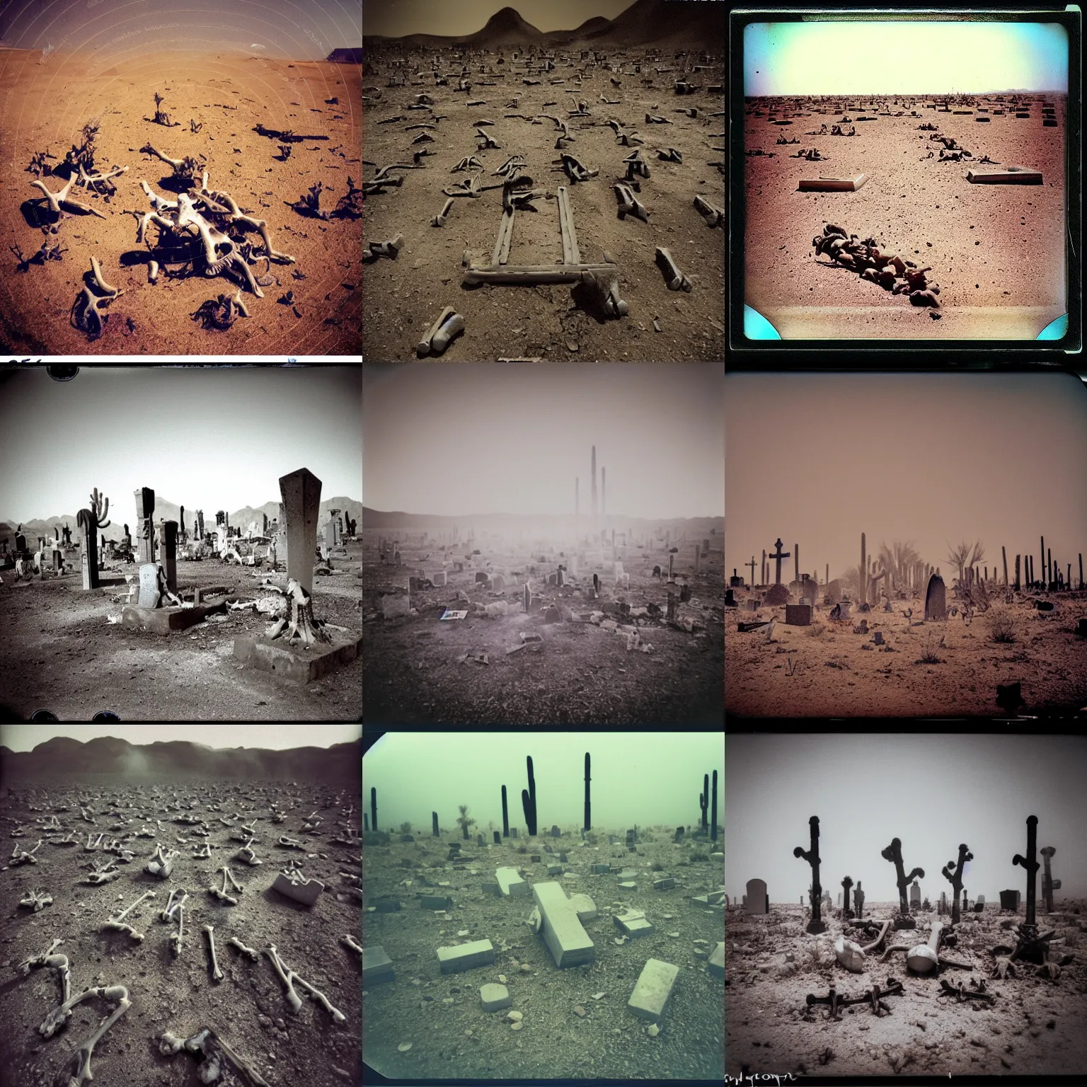 Prompt: polaroid photograph, travel photography, an abandoned graveyard in the desert of an alien world!!!, bones on the ground, motion blur, volumetric fog