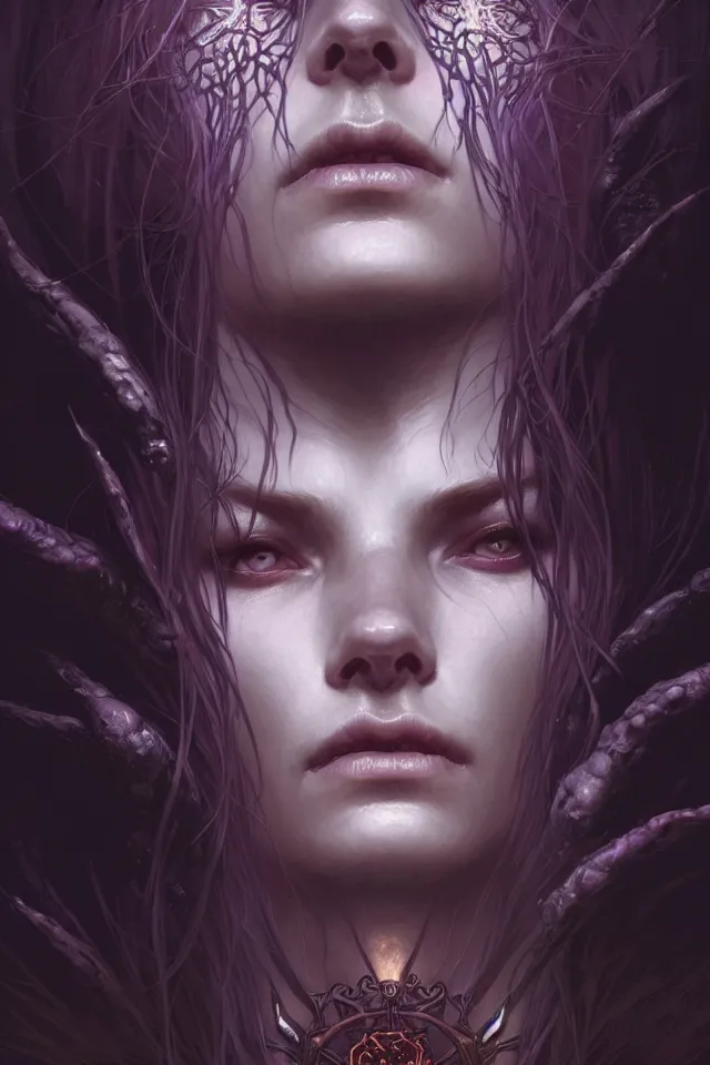 Image similar to Necromancer Sorceress face close-up macro in center, fantasy magic, undercut hairstyle, dark light night, intricate, elegant, sharp focus, illustration, highly detailed, digital painting, concept art, matte, art by WLOP and Artgerm and Greg Rutkowski and Alphonse Mucha, masterpiece