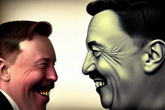 Prompt: “ very very intricate photorealistic photo of hitler and elon musk laughing together, detailed natural lighting, award - winning crisp details ”