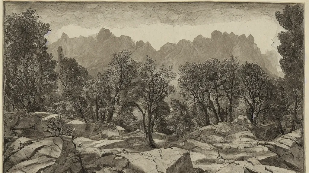 Prompt: a medieval chiaroscuro lithograph of a colossal granite sculpture garden by kurt seligmann and edward steichen, on a lawn, distant mountains, the merely beautiful bore me to death