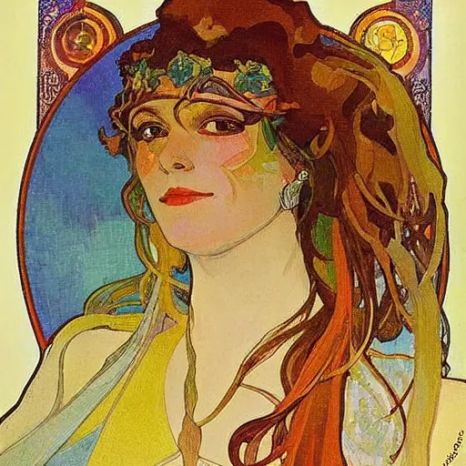 Image similar to bright, proud portrait of pagan queen libuse from slavic tales by alfons mucha