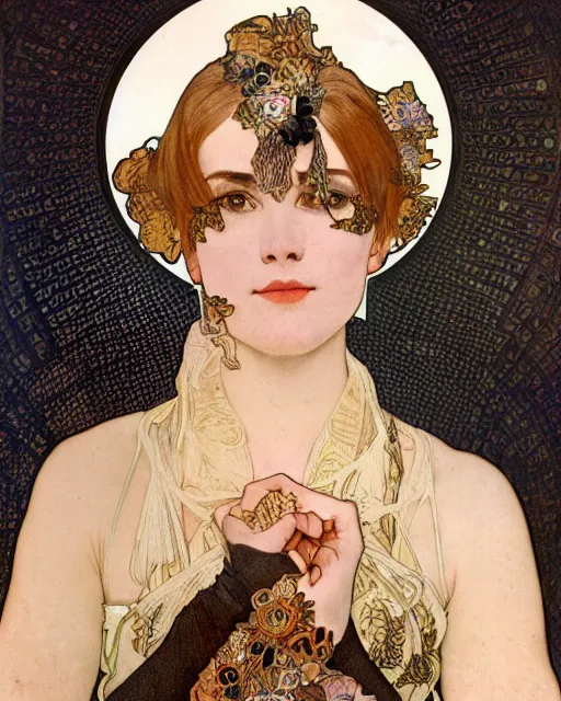 Prompt: half body portrait of juliana, in an outfit made from honeycomb, black hair, freckles, pale skin, photo by alphonso mucha, high fashion, female beauty, intricate detail, elegance, sharp shapes, soft lighting, vibrant colors, masterpiece