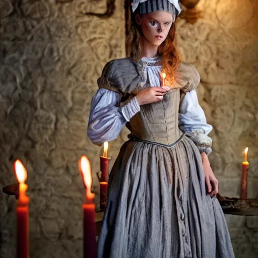 Image similar to frida gustavsson wearing 1 8 th century stay in a medieval tavern at night with candles, wow 4 k detail fantasy, matte painting, realistic materials, photo realistic, postprocessing, cinematic, hyperrealistic, studio lighting, ekaterina, the tudors, photography by richard jenkins