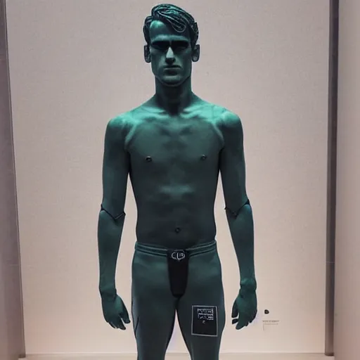 Image similar to “ a realistic detailed photo of a guy who is an attractive humanoid who is half robot and half humanoid, who is a male android, soccer player antoine griezmann, shiny skin, posing like a statue, blank stare, at the museum, on display ”