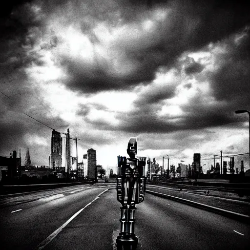 Image similar to highly detailed robot, dark dystopian city, dramatic clouds, instamatic photo, sepia