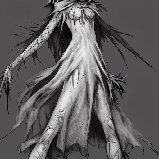 Prompt: concept art of a scary lanky female scarecrow, artstation, pencil