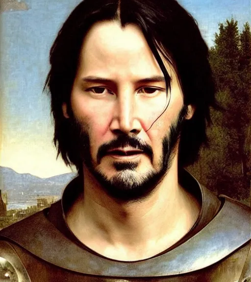 Image similar to keanu reeves in medieval armour, bouguereau and waterhouse