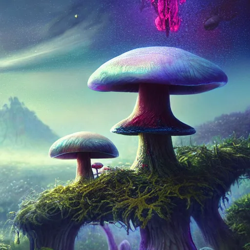Prompt: mushroom art alien sacred 8 k cryengine render by thomas kinkade, paul lehr, frank gehry