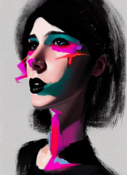 Prompt: portrait of a fun young woman with a crooked nose and a confident expression, 1 9 6 0 s, black clothes, goth, punk, brightly coloured hair, funk, intricate, elegant, highly detailed, digital painting, artstation, concept art, smooth, sharp focus, illustration, art by wlop, mars ravelo and greg rutkowski