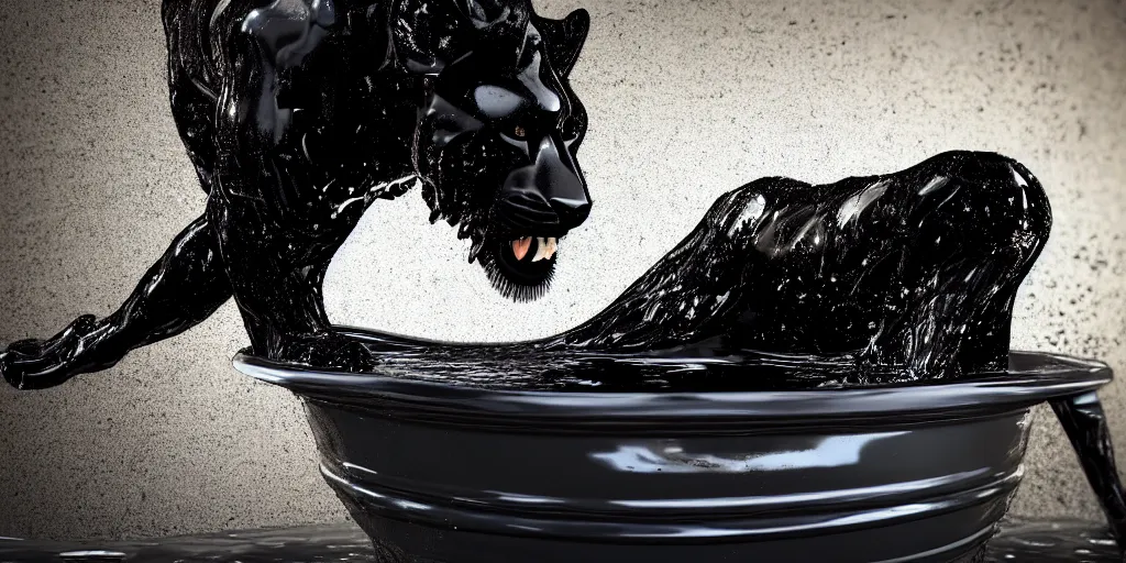 Image similar to the black lioness made of ferrofluid, bathing inside the bathtub filled with tar, dripping tar, drooling goo, sticky black goo, photography, dslr, reflections, black goo, rim lighting, cinematic light, chromatic, saturated, slime, modern bathroom, hyper realistic, 8 k resolution, unreal engine 5, raytracing