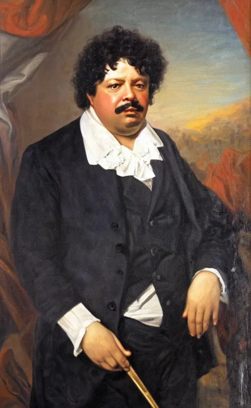 Image similar to Portrait of Alexandre Dumas, oil on canvas, highly detailed, by Delacroix, 8k