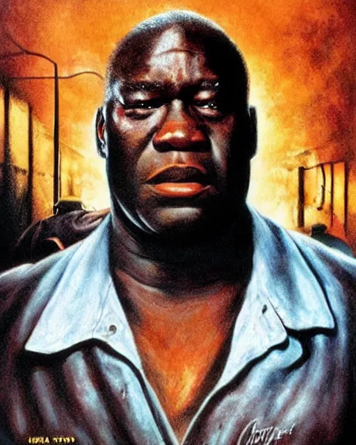 Prompt: john coffey in the green mile, airbrush, drew struzan illustration art, key art, movie poster