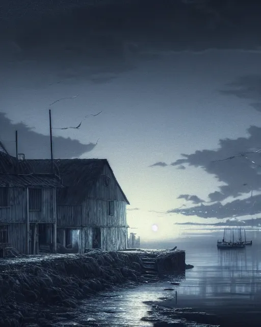 Prompt: a beautiful photorealistic illustration of nature abandoned fishing village by caspar david friedrich, extraterrestial nature at night neon noir neon signs water cloudy studio ghibli hyperrealism, archdaily, wallpaper, highly detailed, trending on artstation.