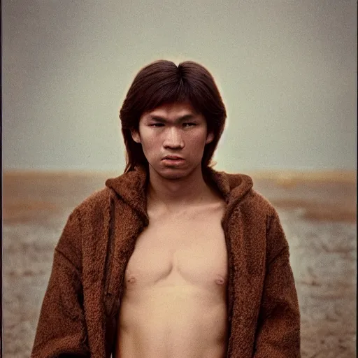 Prompt: a wide full shot, russian and japanese mix 1 9 8 0 s historical fantasy of a photograph taken of the guardian priest has wavy brown hair, medium light brown skin, and coffee - colored eyes, photographic portrait, high - key lighting, warm lighting, overcast flat midday sunlight, 1 9 8 2 life magazine photograph.