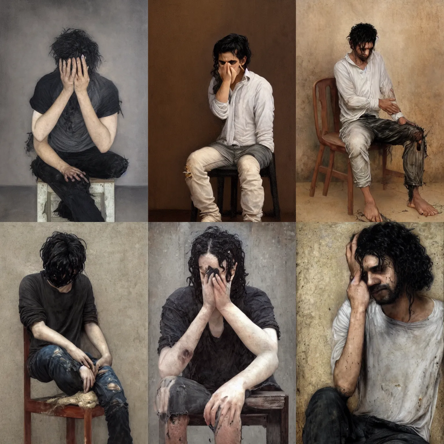 Prompt: A young man, black wavy hairwearing a dirty, torn, worn white shirt trying to cover his face with both hands seated on a wood chair and a concrete wall background by Alyssa Monks, Bouguereau; Full body; desperate face expression; hyper realism, Realistic proportions, dramatic lighting, high detail 4K