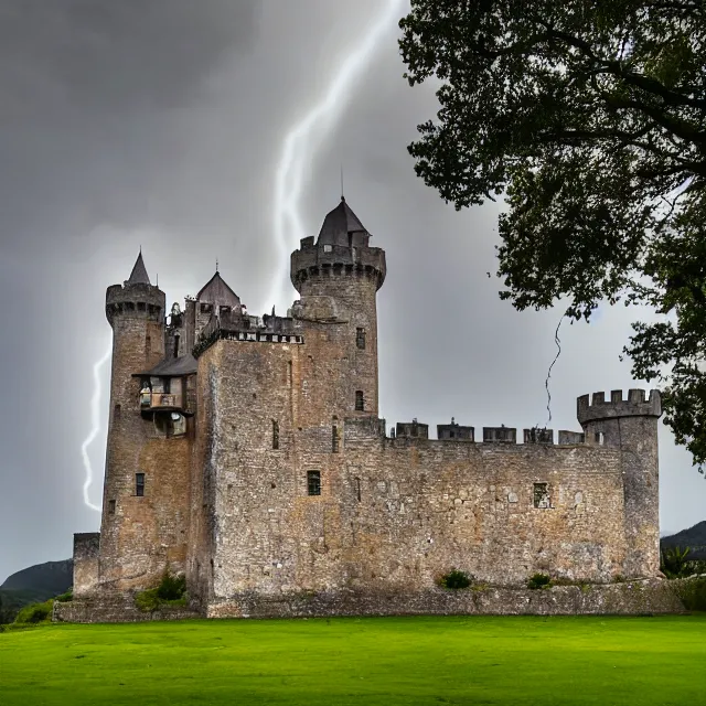 Image similar to hyper realistic photo, well maintained castle with moody lighting, far away - shot from the front gate courtyard with lightning in the background