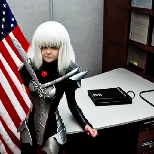 Prompt: a person cosplaying griffith from berserk by kentaro miura sitting at oval office desk with american flag