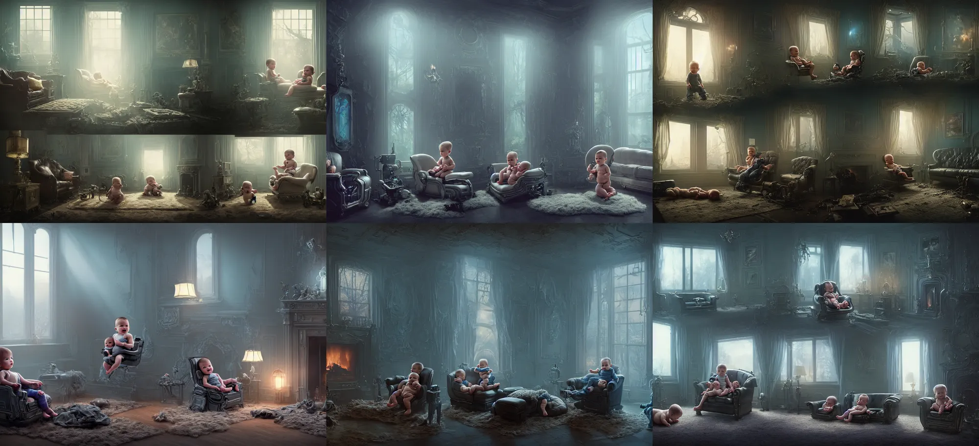 Prompt: An award-winning highly detailed 8k anamorphic closeup cinematic movie photograph of a baby in the arms of futuristic cybertronic robot seated on a fainting couch in front of a roaring fireplace in a post-apocalyptic Victorian home, blue early morning light from the window, with cinematic lighting and lens flare, tall ceiling, by Simon Stalenhag and Gregory Crewdson and Alfonso Cuaron