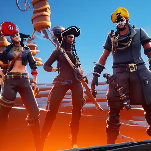 Prompt: A screenshot of pirate standing on the front of the ghost ship with the black Jolly Roger flag in Fortnite, 3D, Unreal Engine, 4K UHD, RTX, DLSS,