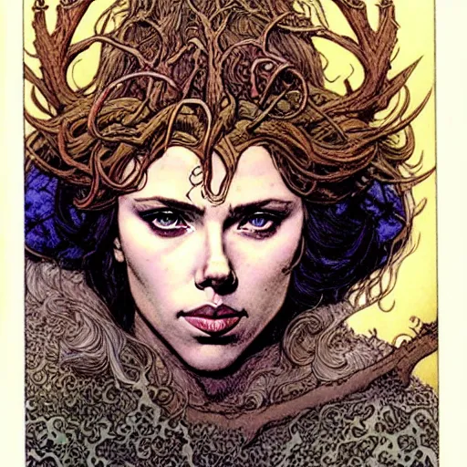 Image similar to a realistic, very beautiful and atmospheric portrait of scarlett johansson as a druidic warrior wizard looking at the camera with an intelligent gaze by rebecca guay, michael kaluta, charles vess and jean moebius giraud