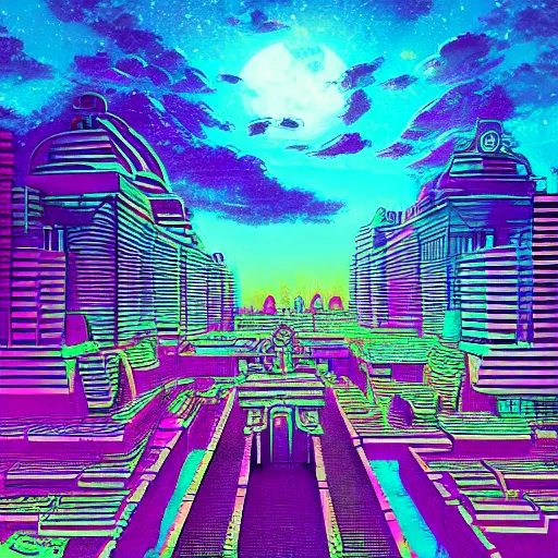 Prompt: Ancient mayan cityscape,digital art,retrowave art