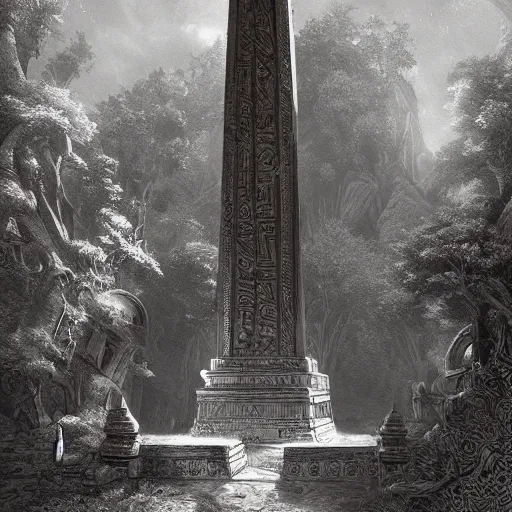 Image similar to giant stone obelisk, intricate detailed glowing engravings, D&D, Magic The Gathering, by Craig Mullins, ornate, amazonian forest, volumetric lighting