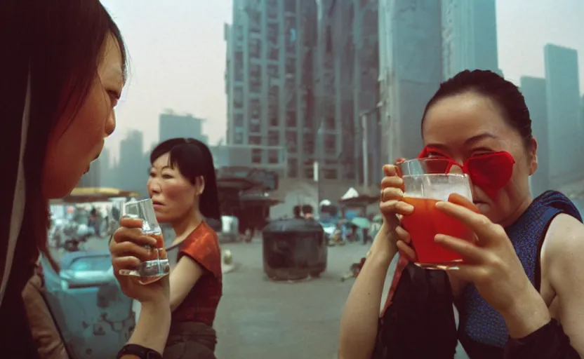 Image similar to cinestill 5 0 d candid photographic portrait by helen levitt of two android women sharing a drink in futuristic china, extreme closeup, modern cyberpunk, dust storm, 8 k, hd, high resolution, 3 5 mm, f / 3 2, ultra realistic faces, intricate detail, ex machina