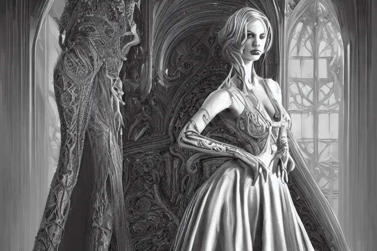 Image similar to ultra realist soft painting of a beautiful gothic princess in a full long curvy slim ornate dress in the world of Lovecraft, film noir style, very intricate details, ultra dense fog, golden ratio, volumetric lighting, reflections, refractions, symmetry accurate anatomy features, unreal render