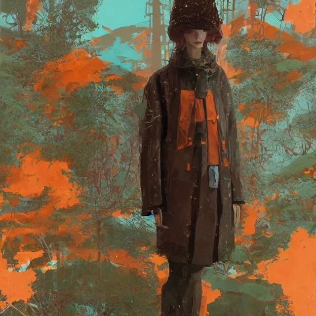 Prompt: portrait of alone androgynous girl wearing long orange vintage leather coat, bakelite rocky mountains, moss green japanese haunted forest background, ultrafine hyperdetailed illustration by hsiao - ron cheng and artgerm, wearing giant modular synthesizer 8 0 s sony stereo helmet and backpack, the grand budapest hotel, glow, no crop, digital art, artstation, pop art