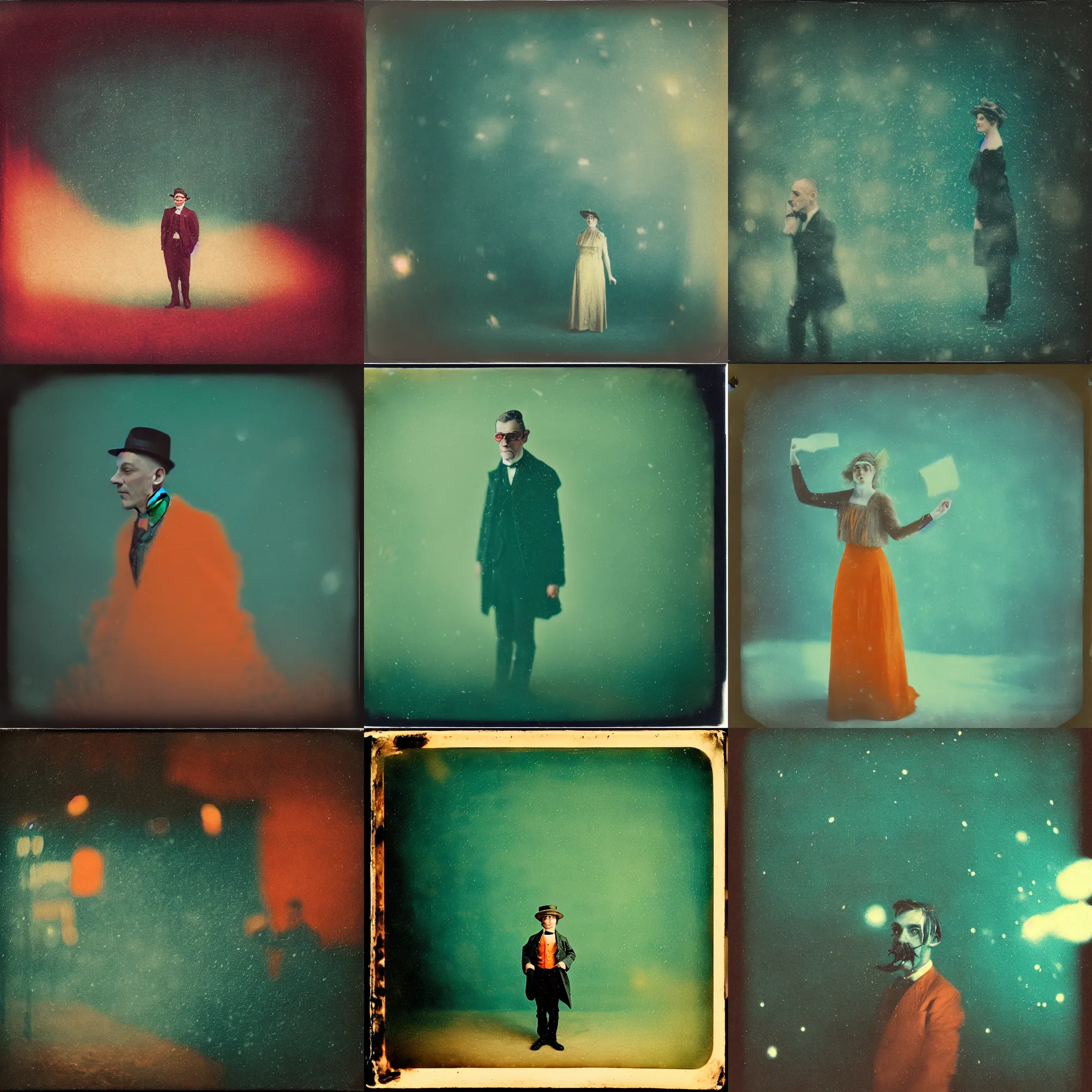 Prompt: kodak portra 4 0 0, wetplate, muted colours, teal orange, 1 9 1 0 s style, motion blur, portrait photo of a backdrop, sparkling, stargazer, snow, fog, by georges melies and by britt marling