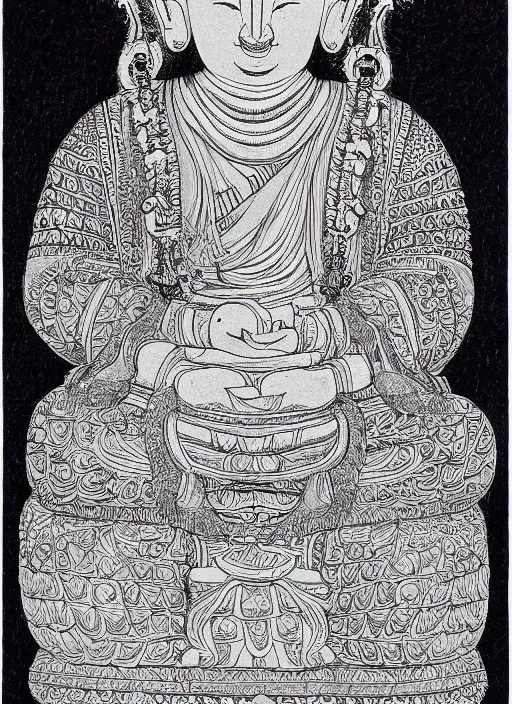 Image similar to detailed pen and ink illustration of a man with a bears head, Buddhist bodhisattva, anthropomorphic, all drawn with micron, seated in royal ease, black micron pen on white paper, highly detailed, fine pen work, white background