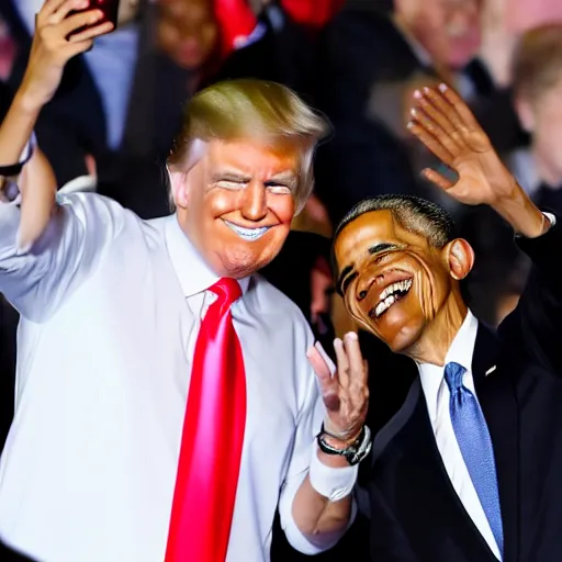 Prompt: trump and obama taking a selfie together