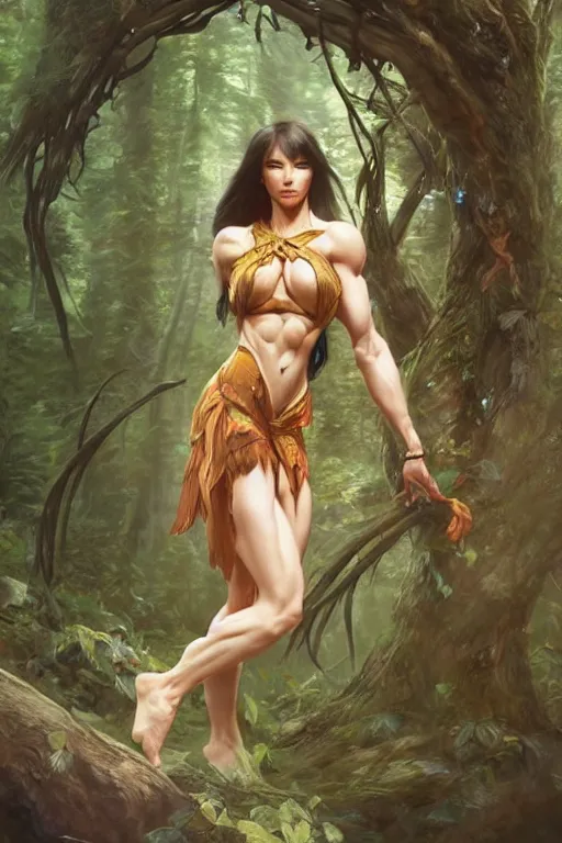 Image similar to female spirit of the forest, highly detailed, digital painting, artstation, concept art, smooth, sharp focus, illustration, unreal engine 5, 8 k, art by artgerm and greg rutkowski and alphonse mucha and ifbb pro fitness photograph