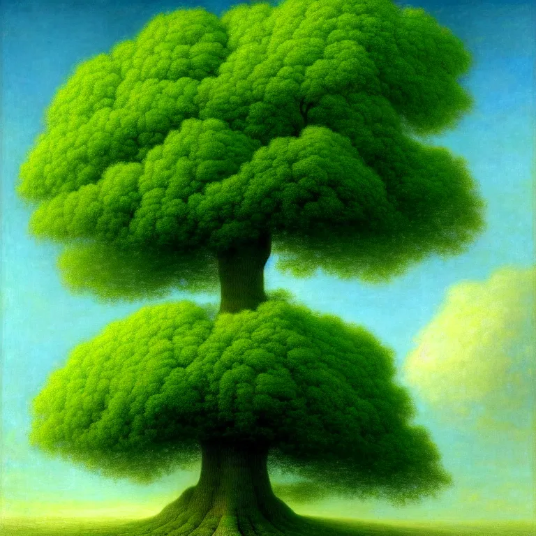 Prompt: a beautiful digital painting of a green tree! of immense size, with branches! reaching the sky, by odd nerdrum and gu hongzhong. 8 k high resolution. highly detailed. 8 k resolution. vivid color hues, grass, flowers, sun, blue sky