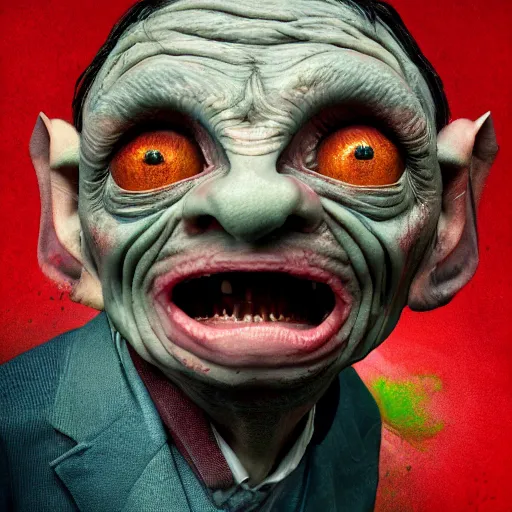 Image similar to Very very very very highly detailed epic central composition photo of Mr Bean as Gollum face, intricate, happy colors, extremely detailed, digital painting, smooth, sharp focus, illustration, intimidating lighting, incredible art by Brooke Shaden, artstation, concept art, Octane render in Maya and Houdini