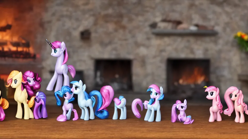 Prompt: A wholesome scene of My Little Pony figurines in front of a fireplace, 4k, 8k, photography, studio lighting