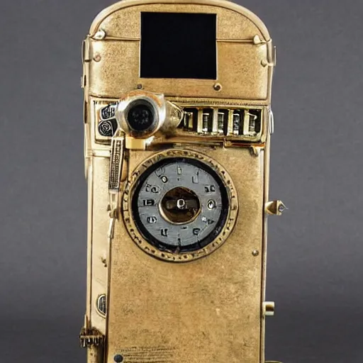 Image similar to an extremely complex and advanced steampunk cellphone from the 1920s