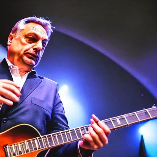 Image similar to viktor orban with a guitar, concert photography