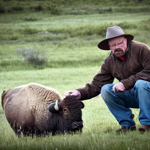 Image similar to walter white eating bison, photography,