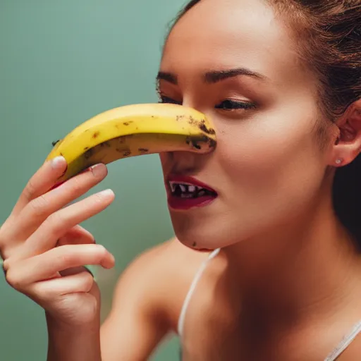 Image similar to close up photography of a woman that is about to bite into a banana, profile, close camera