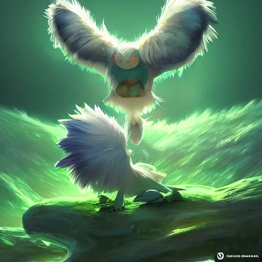 Image similar to a cute beautiful earth type pokemon, green feathers bursting out of his hair, full body shot, highly detailed digital art, 3 d perspective, award - winning illustration, aesthetic, smooth, pokemon style, made by greg rutkowski, with an alien landscape in the background