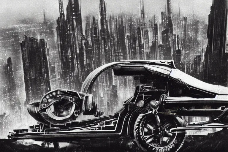 Prompt: cyberpunk 1 9 2 6 bugatti type 3 5 by paul lehr, metropolis, view over city, vintage film photo, damaged photo, scratched photo, scanned in, old photobook, silent movie, black and white photo