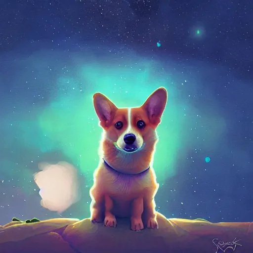 Image similar to adorable corgi puppy in space, starry background, beautiful digital painting by simon stalenhag, magical, intense, cool