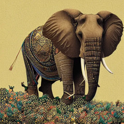 Prompt: the duke of elephants leading his herd, digital illustration, intricate