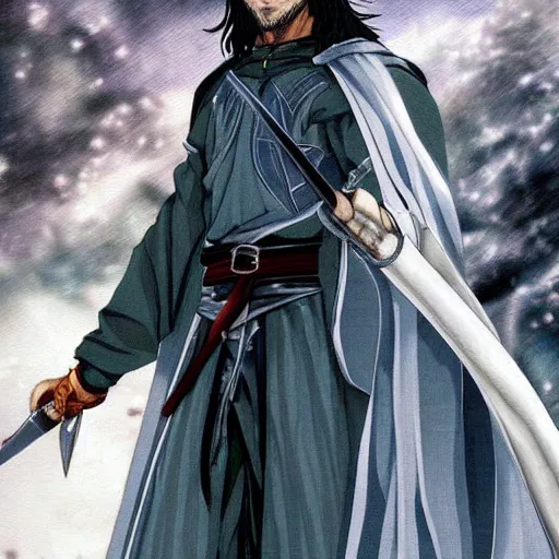 Image similar to aragorn in an anime world, incredibly detailed